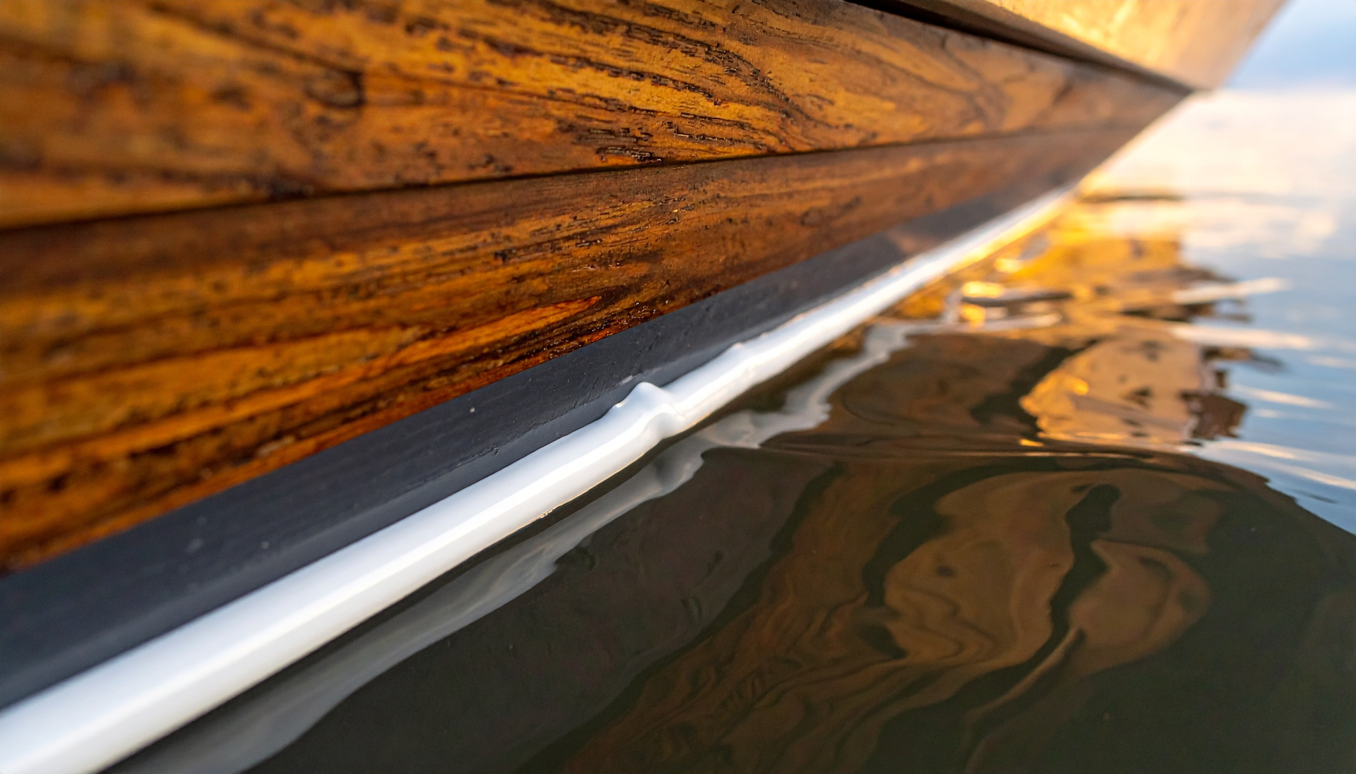 Waterline detail of a varnished timber boat hull